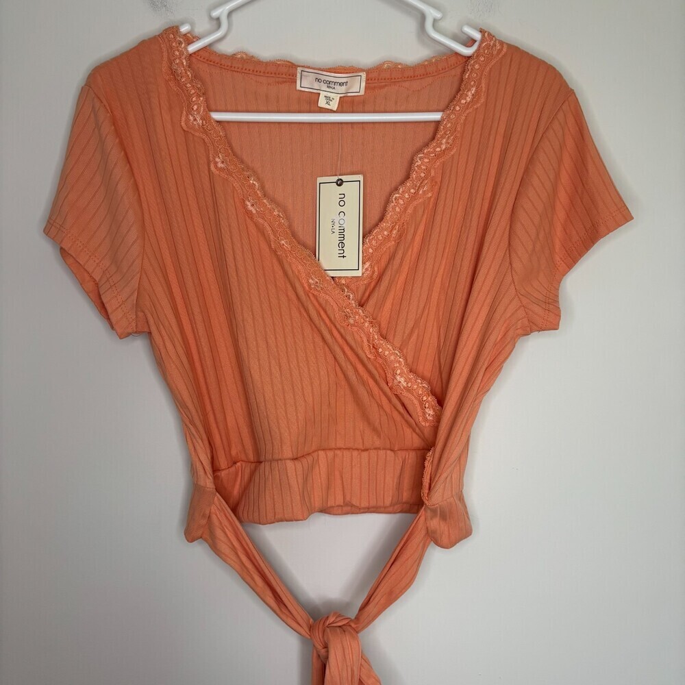 NO COMMENT NEW Knit Ribbed V-Neck Top Womens XL Lace Orange Tie Cropped Short Sl - Picture 6 of 8